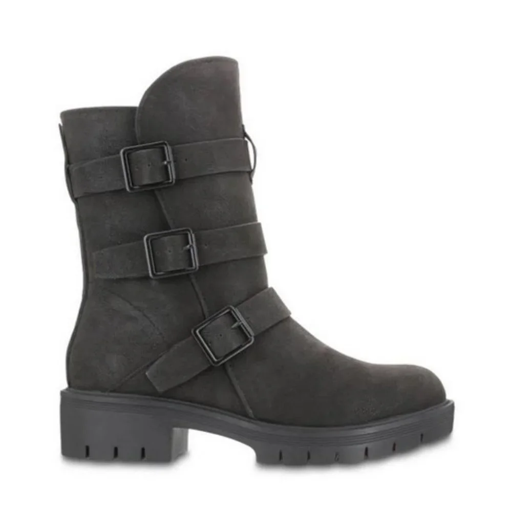 NWOT Mia Women Black Motorcycle Boots 9 Delta Buckle Biker Shoes Brushed Suede - Picture 3 of 5